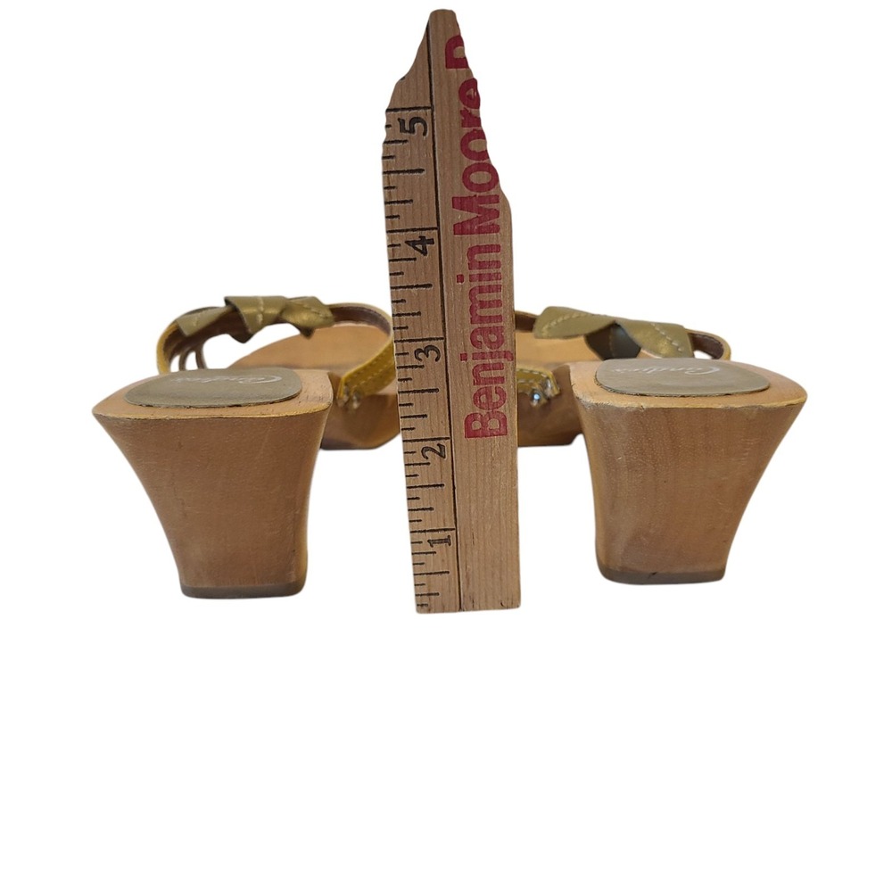 VTG Candies Leather Wooden Platform 6.5 Flower Y2K Heels Sandals Yellow Brown - Picture 7 of 10